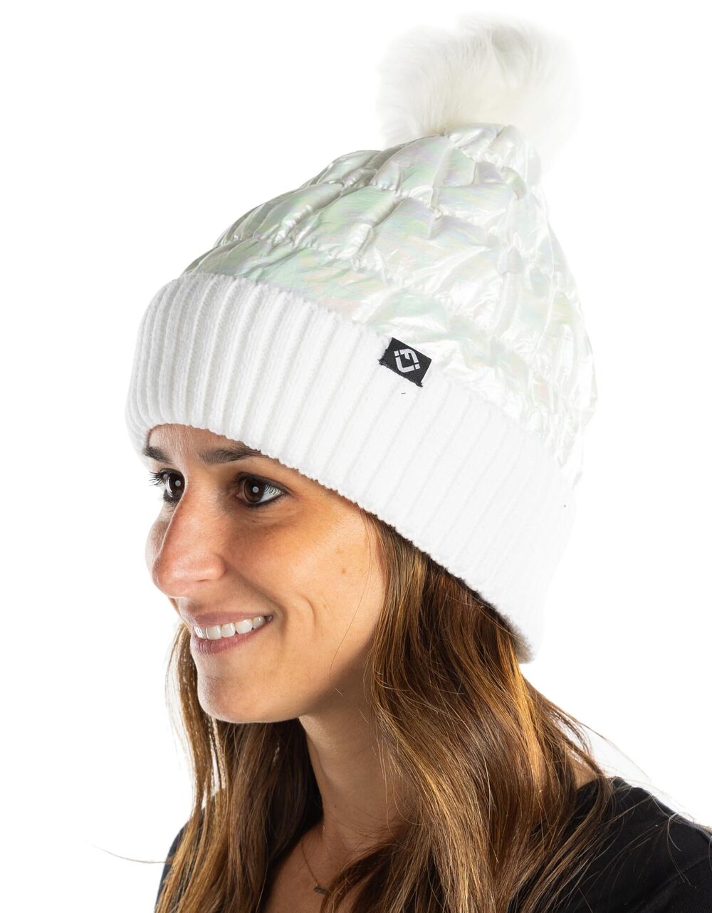 9621 Winter Puffer Pom Hat with Faux Fur Pom Pom, Shiny Metallic, Fleece